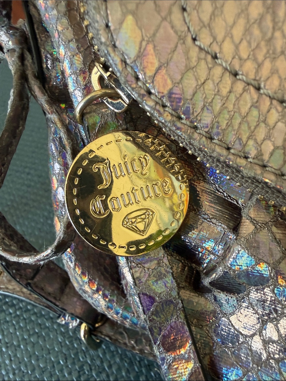 Juicy Couture Bronze Snake Embossed Crossbody Bag Gold Crown Vintage - Picture 2 of 9